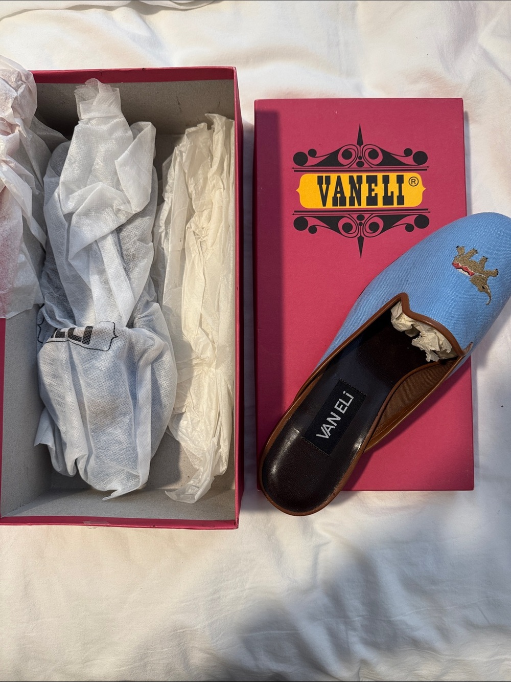 Vaneli Light Blue Embroidered Slip-On Mule with Brown Trim